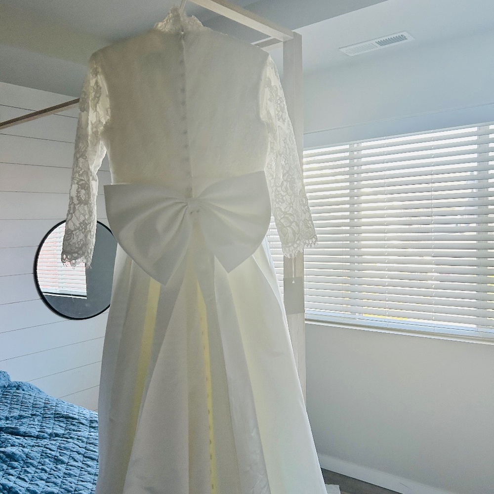 Mandarin collar, vintage inspired, satin lace wedding gown